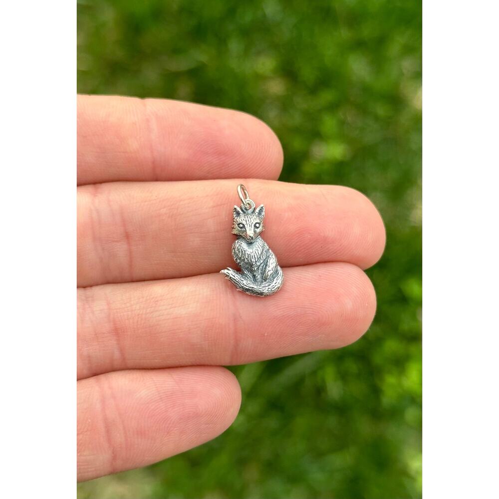 Sterling Silver Sitting Dimensional Fox Charm, Silver Sitting Fox Charm